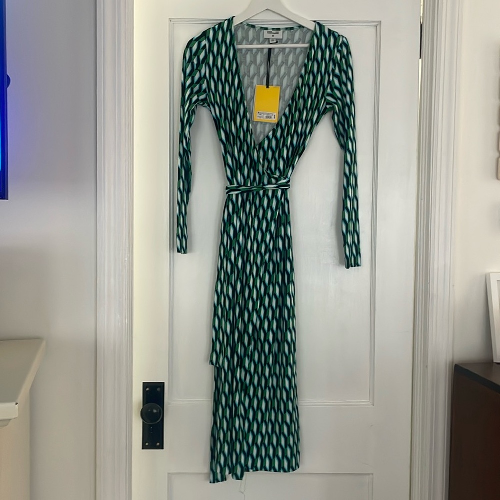 Diane Von Furstenberg Teal and White Long Sleeve Dress
